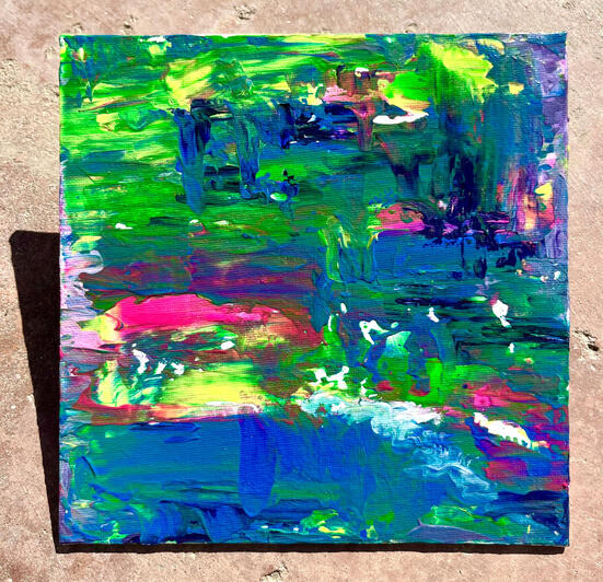 "The Stress of a Nickelodeon Gameshow Host in the Early 2000's" (2023) Acrylic on canvas 8x8in.