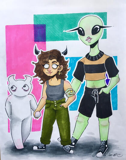 Shan and the Babes (2022) (Alcohol Marker &amp; pen, 9x12)